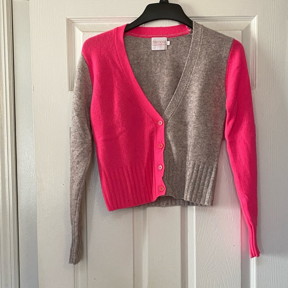 Brodie Cashmere Neon Hot Pink ColorBlock Cardigan Sweater